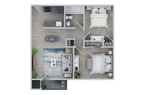 Floor plan for 2 beds, 1 bath, 741 sqft